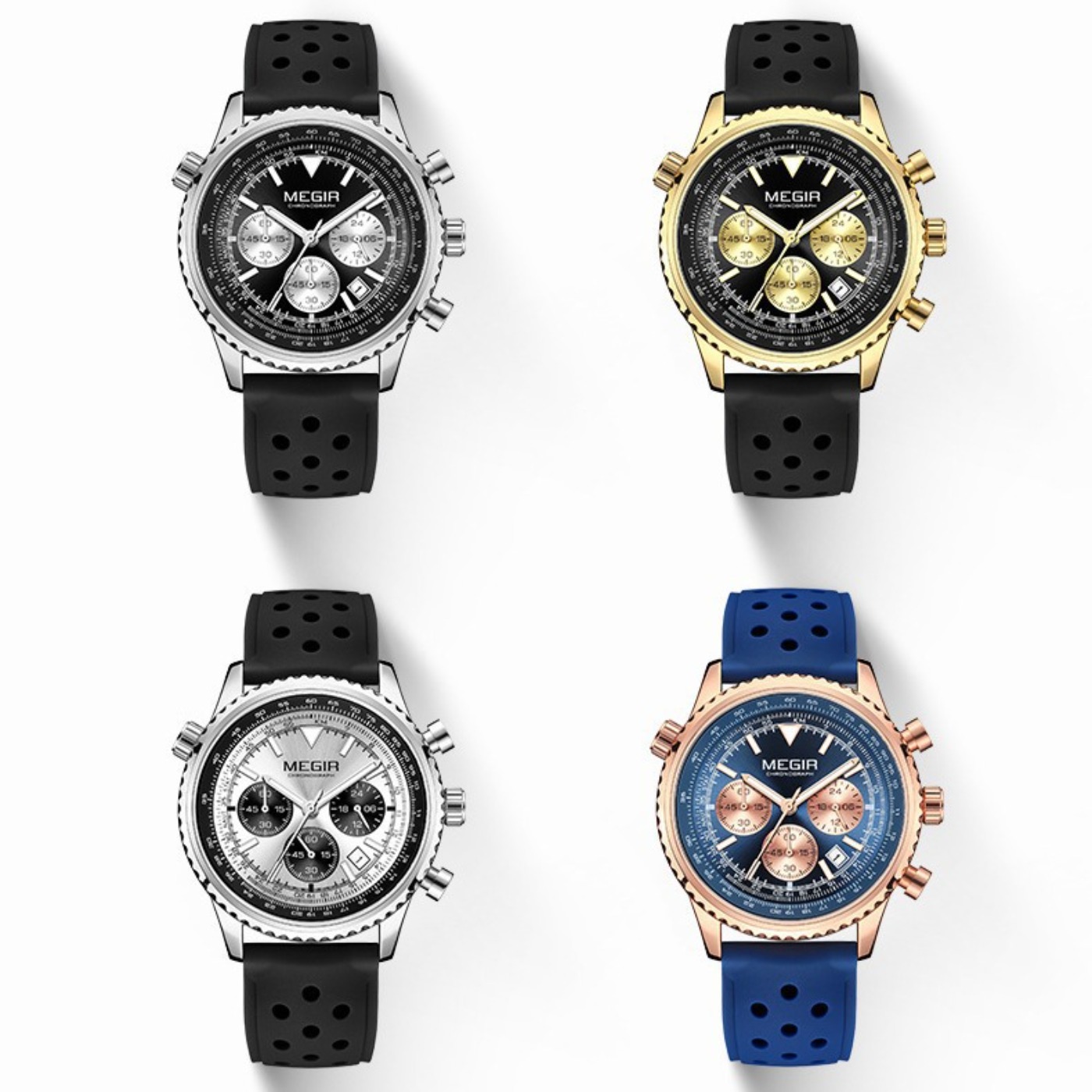 Chronograph Sport Watch - MEGIR Jam Tangan Kuarsa Hitam Perak